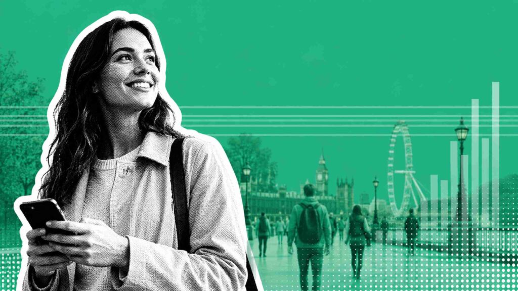 Smiling woman holding a smartphone, outlined in white, with a green urban background and abstract lines behind her.