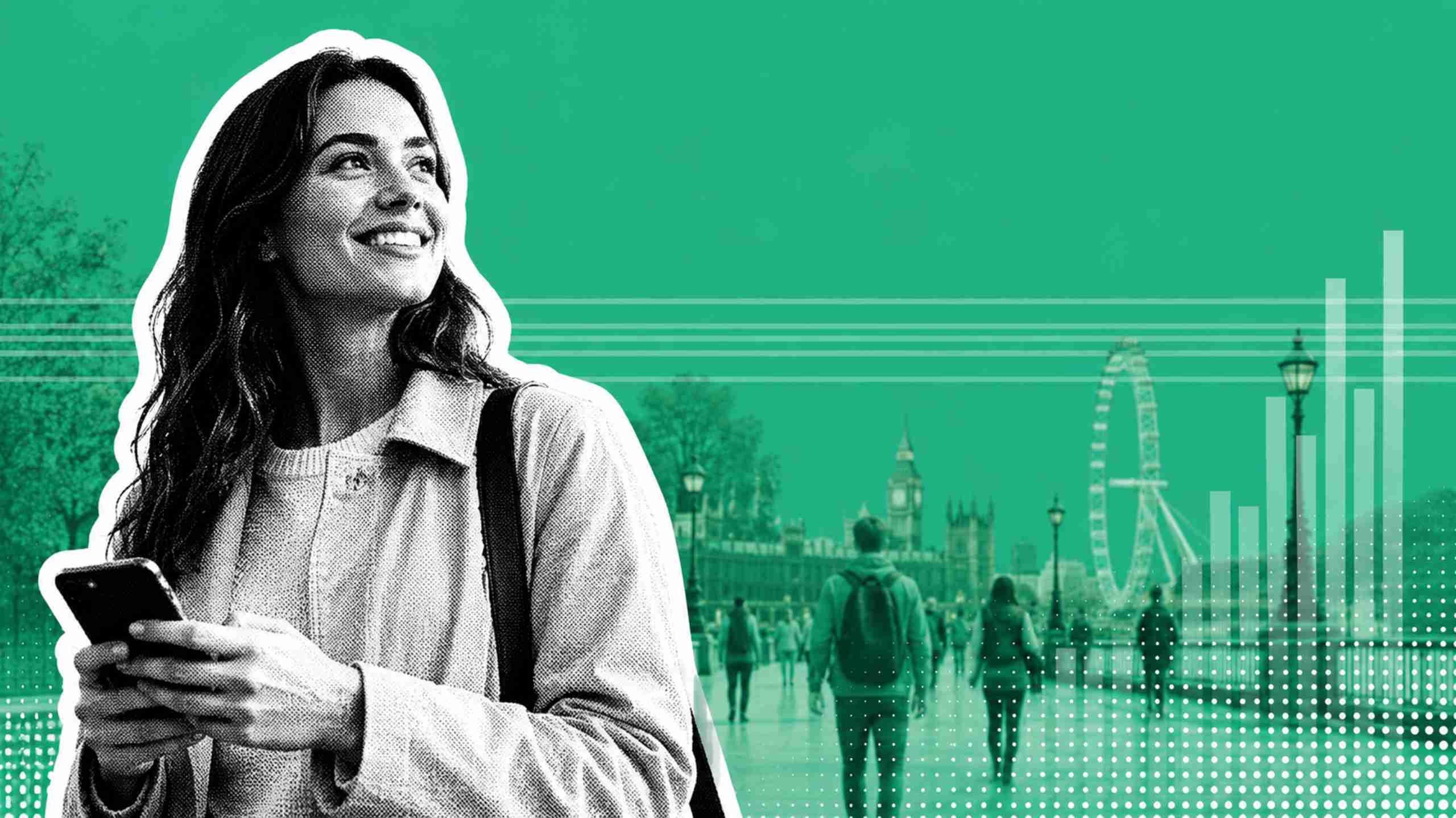 Could a Foreign Worker Tax Affect UK Visa Applicants - Glovisa - Glovisa Smiling woman holding a smartphone, outlined in white, with a green urban background and abstract lines behind her.